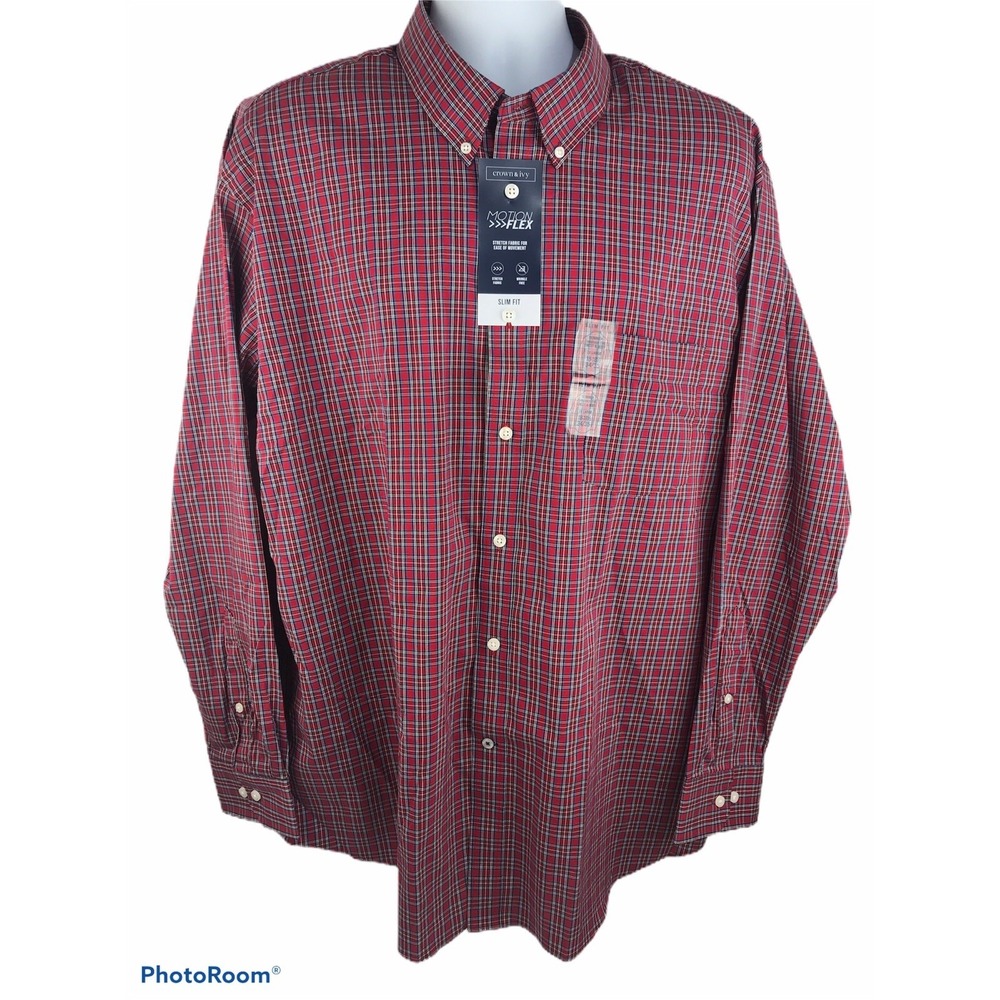 NWT Crown & Ivy Mens 2XL Red Slim Fit Wrinkle Free Long Sleeve Button Down Shirt